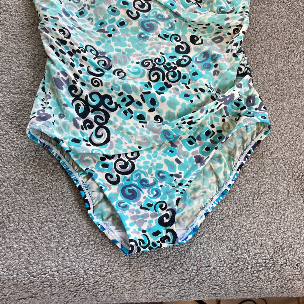 Longitude One Piece Swimsuit Womens 10 Blue Teal Abstract Wrap tummy control - Picture 2 of 13